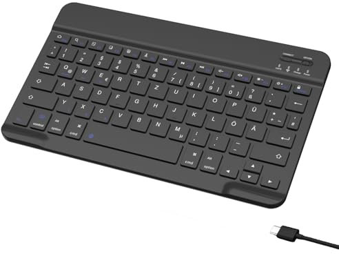 HMTDIYOU Tastatur für iPad/Air/Pro/Mini/ 10,9/10,2/9,7 Zoll, Kompatibel mit Windows/Android/iOS, QWERTZ Layout, Schlanke Deutsche Kabellose Bluetooth Tastatur, Schwarz