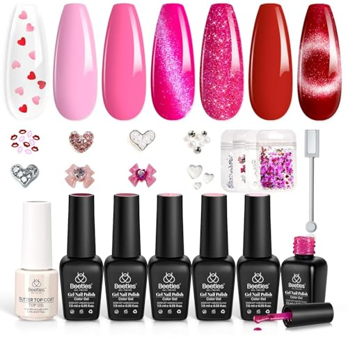 beetles Gel Nail Polish Set 6 Colours Pink Rose Red Glitter Cat Eye Gel Polish with Heart Top Coat Pearl Rhinestones Lips Sequins and Magnet Valentine's Day Gift for Her CL920UK-RE