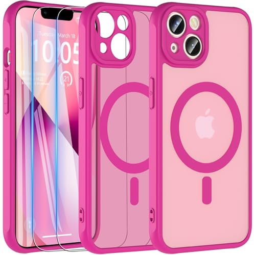 Kuaguozhe Magnétique Coque pour iPhone 13 avec 2 Verre Trempé, Compatible avec MagSafe, Protection Antichoc Coque Etui Mat Arrière Housse Case pour iPhone 13 6.1 (Rose)