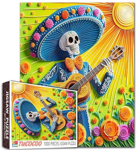 Tucocoo Skelettgitarre, 1000-teiliges Puzzle für Erwachsene, buntes Totenkopf-Sonnenlicht-Puzzle, lustige und entspannende Papierkunst, lebendiges Puzzle für Familienspiel, Nacht, Stressabbau