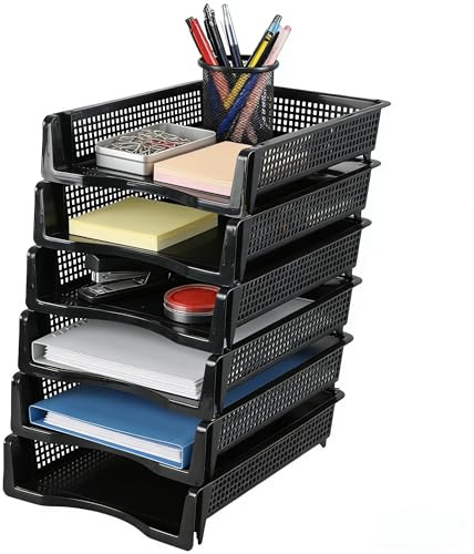 Afromy 6-Tier Plastic Office Letter Trays, Desktop A4 Paper Organizer Tray | Black Stackable File Trays