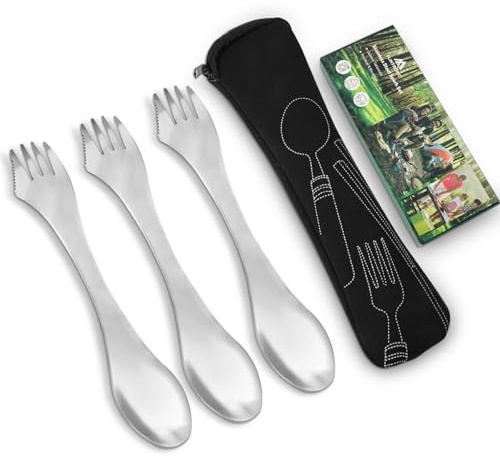 flintronic Set Posate Campeggio 3 Pezzi, Set Posate 3 in 1 in Acciaio Inox con Borsa, per Viaggi, Picnic, Ufficio, Scuola