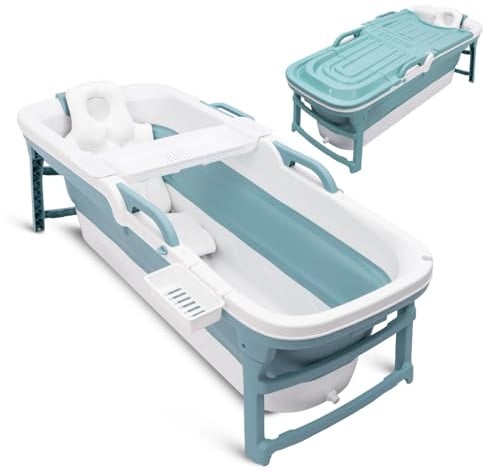 SereneLife Faltbare Badewanne Erwachsene 150 cm – Mobile Klappbare Badewanne für Dusche mit Deckel und Ablaufschlauch für Indoor und Outdoor, Blau