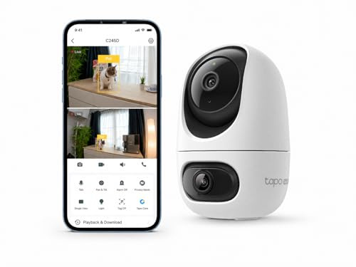 Tapo C245D Telecamera WiFi Interno Doppio Obiettivo 2K+2K, Pan/Tilt, Doppia Vista su 1 Schermo, Tracciamento Smart, AI Persone/Animali/Veicoli/Bimbi, Visione Notturna IR fino a 12 m
