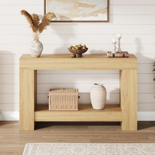 Creperture Table Console en Bois, 120cm Console de Style Campagnard à 2 Niveaux de Rangement Ouvert Meubles Salon, Table d'appoint étroite en Bois pour Entrée, Salon, Couloir,Naturel