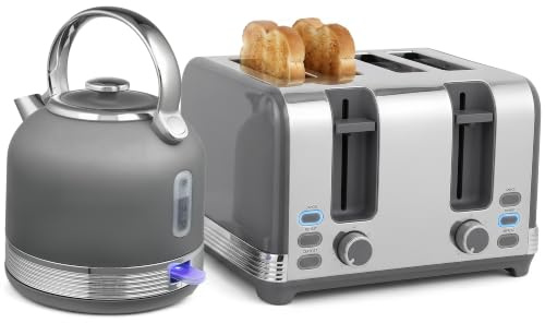 HOMCOM Stainless Steel Kettle and Toaster Set 1.7L 3000W Grey | 3000W Cordless Fast Boil Kettle, 4 Slice Toaster Kitchen Set, 7 Level Browning Controls, Defrost, Reheat, Crumb Tray