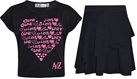A2Z 4 Kids Girl Tops Kid Comic Graffiti #Love Paris NYC #Selfie Crop Top T-Shirt - New Love Black Top Fril Skirt 11-12