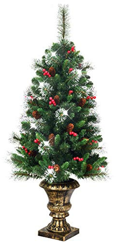 COSTWAY 4FT Christmas Tree, Small Artificial Xmas Trees with Pine Cones and Base, Holiday Decoration for Indoor Tabletop Garden Pathway (1, Green + Brown)