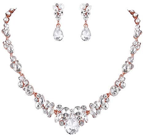 Ever Faith Bridal Jewellery Set Clear Rhinestone Crystal Wedding Party Floral Teardrop Necklace Earrings Sets for Brides Rose Gold-Tone