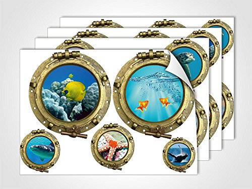 GRAZDesign Wandtattoo Bad Bullauge, Maritime Dekoration Fliesentattoos Hai Wal Welle, Wandsticker Toilettentattoos Unterwasserwelt WC/DIN A4 4Stück