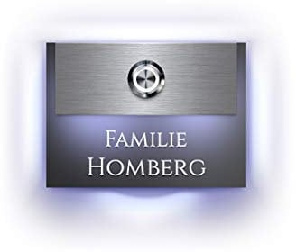 Designer Türklingel mit Gravur beleuchtetem Namensschild LED-Klingelknopf und über 100 Motive | Modell: Homberg-L | 11x8 cm Klingel-Taster Klingelschild Klingelplatte beschriftet | Beleuchtung
