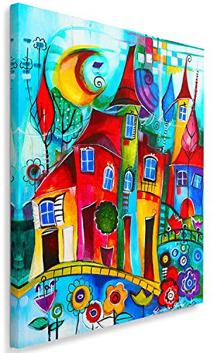 Bilder Abstrakt 60x90 cm - Leinwandbild - Kunstdrucke - Kinder - bunt Stadt Haus