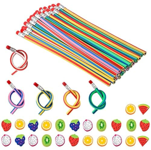 49 Stücke Biegebleistifte mit Radiergummi Fruchtmuster als Mitgebsel für Kinder Detektiv Kindergeburtstag Gastgeschenk 25 Zauberstift & 24 Radiergummi mit Fruchtmuster für Kinder Weihnachten Geschenk