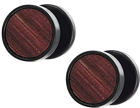 Herren Damen Schwarz Kreis Ohrringe Edelstahl Ohrstecker mit Holz Fake Plugs Cheater Tunnel Gauges Piercing Edelstahl 01(-)