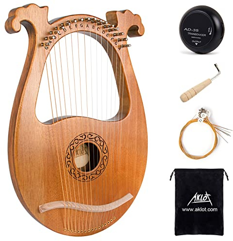 Lyre Harp, AKLOT 16 Metal Strings Mahogany Body Lyra Harp with Maple Saddle Carved Note Tuning Wrench Pickup Strings and Black Gig Bag