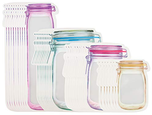 40 Pcs Mason Jar Zipper Bags, 3 Size Food Storage Bag Snack Sandwich Ziplock Bags, Reusable Food Saver Storage Bags Snacks Zipper Sealed Bags Fresh Bags for Travel Camping Picnic