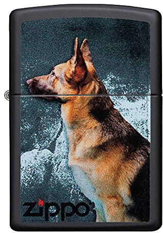 Zippo Sturmfeuerzeug - Modell Deutscher Schäferhund - Black Matte Finish, Color Image - Nachfüllbar - Wiederverwendbar - Windfestes Design - Geschenkbox - Made in USA