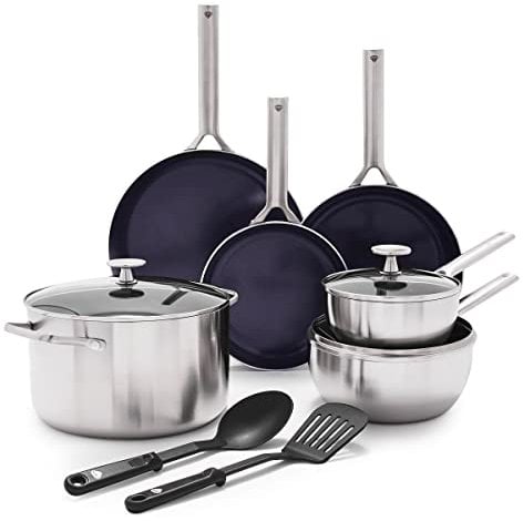 Blue Diamond Cookware Triple Steel Stainless Steel Diamond Reinforced Ceramic Nonstick 11 Piece Cookware Pots and Pans Set, Frying Pans, Chef Stockpot, PFAS-Free, Multi Clad,Induction,Oven Safe,Silver
