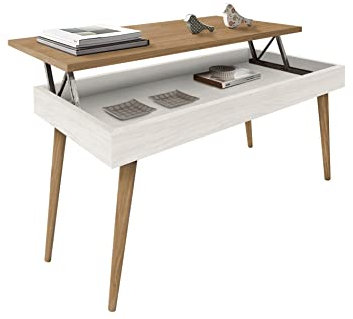 HOGAR24 ES AVA - Mesa Centro Elevable Madera Maciza, Acabado Color Blanco y Encerado. Medidas: 100x50x47 cm