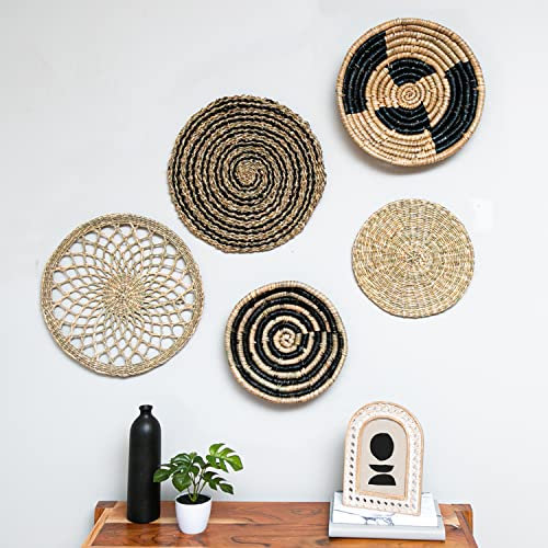 Crutello Wandkorb-Dekoration, geflochtener Wandkorb, Seegraskörbe, gewebte Körbe, 5 Stück, Rattan-Wanddekoration, rustikales rundes Gewebe