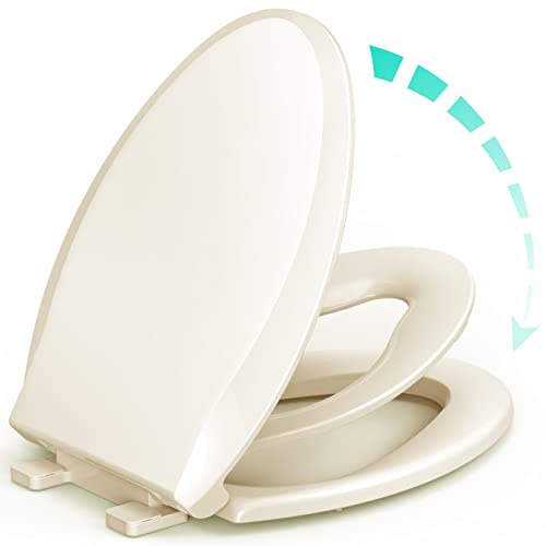 Elongated Toilet Seat with Built-in Potty Training Seat for Toddlers& Adults, Slow Close, Never Loosen, Heavy Duty, Ergonomic, Space Saving Toddler Toilet Seat, (Elongated 18.5, Oval, Bone/Almond)