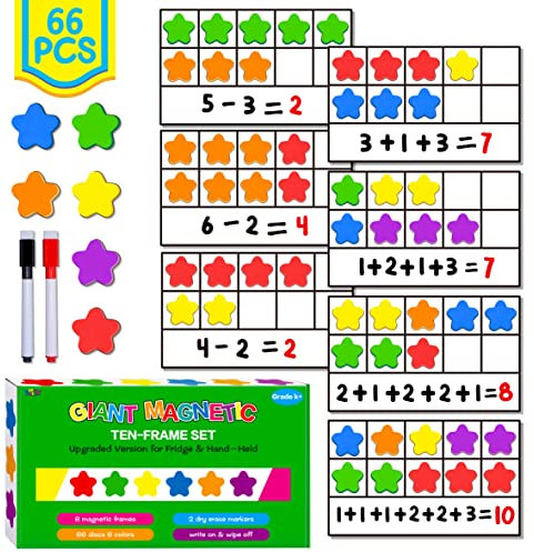 Magnetisches Zehnerrahmen-Set, 6 Rahmen & 66 Bunte sternförmige Zähler Zehn-Rahmen-Mathe-Spiele Manipulatives Zählspielzeug für Kindergarten Vorschule, 6 Farben & 2 Marker (Kühlschrank & Handheld)