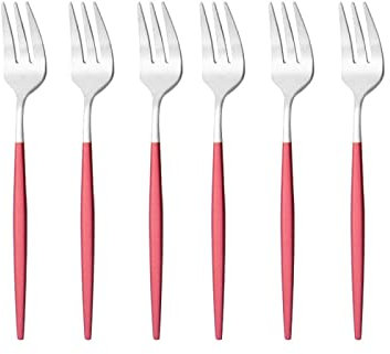 Lot de 6 fourchettes à thé en acier inoxydable pour fruits, salade, dessert, gâteau, rouge et argenté