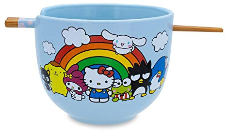 Toynk Sanrio Hello Kitty and Friends Rainbow Ceramic Dinnerware Set | Includes 20-Ounce Ramen Noodle Bowl and Wooden Chopsticks