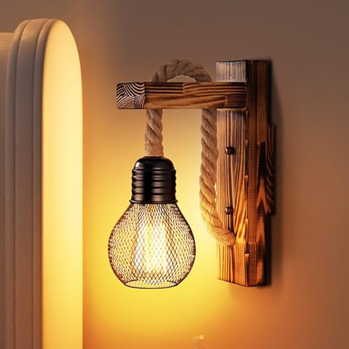 YUNYODA Holz Wandleuchte Innen, E27 LED Hanfseil Wandlampe mit Lampenschirm, Vintage Industrial Wandlampe Innen, Retro wandleuchte holz für Fluren, Schlafzimmer, Café, Scheune (Ohne Leuchtmittel)