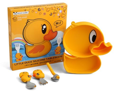 BEWOS Gelbe Ente Stil Kindergeschirr Set 4 PCS, Baby Geschirrset, Geschirrset Enthält kinderteller, 304 hochwertige Edelstahl-Gabel und Baby Löffel, etc, Schönes Geschenk für Babies