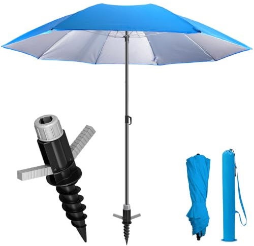 4smile Sonnenschirm Strand Ø 180 cm, 3-in-1 SET mit Bodenhülse, Blau | UPF 50+ Strandschirm + Sonnenschirm-Bodenhülse + Sonnenschirmhülle - Komplettes Sonnenschutz Strand Set