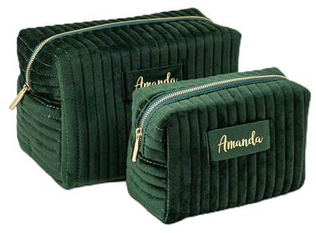Sac de voyage en velours personnalisé pour articles de toilette, trousse de maquillage pour femme, pochette de maquillage zippée, sacs pour accessoires de cosmétiques, cadeau pour elle, Vert, noir,