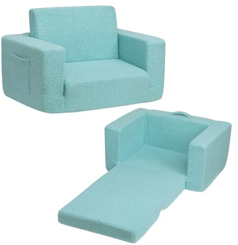 BEJOY Kindersofa Aufklappen 2-in-1 Schlafsofa, Kindersessel, Teddyfell Kinder Couch Sofa Ausklappbar für Kinderzimmer Kindertags- und Geburtstagsgeschenk für Mädchen und Jungen, Helltürkis