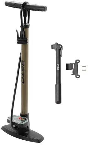 P4B | Luftpumpe mit großem Manometer in Braun/Grau + Minipumpe | Fahrradpumpe geeignet für alle Schlauchventile
