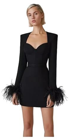 Vestido Bandage Sexy sin Tirantes para Mujer, Mini Vestidos Elegantes de Fiesta de Noche de Manga Larga con Plumas Negras