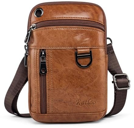 katloo Echtes Leder Doppel Taschen Gürtel Tasche Handy Holster für iPhone/Samsung Kleiner als 7 Zoll Handy Umhängetasche für Männer (braun)