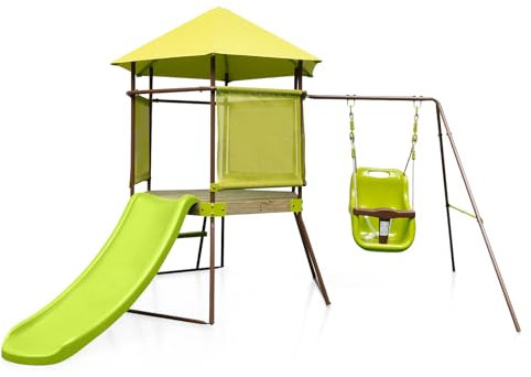 COSTWAY 4-in-1 Heavy Duty Metal Swing Frame with Baby Swing, Playhouse Fort, Climbing Ladder, Kids Outdoor Playset for Playground Garden