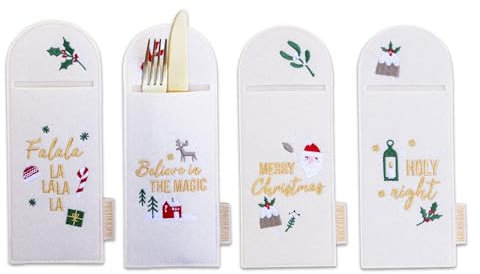 Papierdrachen 4 Bestecktaschen Beige Gold Rot - Deko für den Weihnachtstisch - Filz mit hochwertiger Bestickung - Set 01