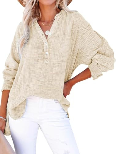 PADOLA Musselin Bluse Damen Baumwolle Blusen Tuniken für Damen Button Down Henley Shirt Plissee Einfarbige Hemdbluse Tshirt Damen Sommer Oversize Shirt Blusenshirt Tunika Tops (5 Beige, 2XL)