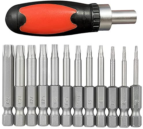 TUAKIMCE 12 Pcs Torx Head Screwdriver Bit Set, 75mm 1/4 inch Hex Shank T5-T40 S2 Steel Magnetic Star Torx Security Screwdriver Bits Set for Electric Manual Screwdrivers with 1 Pack Handle