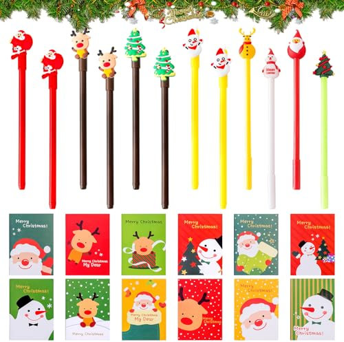 24 Stück Gelschreiber Mini Notizblock Weihnachten Set, Weihnachten Kugelschreiber, Füllfederhalter, Weihnachten Cartoon Kleine Notizblöcke, Weihnachten Kleinigkeiten für Schreiben Schule Büro