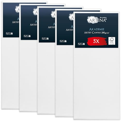Artina 5er FSC® Set Keilrahmen Leinwand zum Bemalen für Acrylfarben | 60x140cm bespannte Leinwände zum Malen Canvas 100% Baumwolle Acryl Rahmen Malerei Zubehör groß Akademie