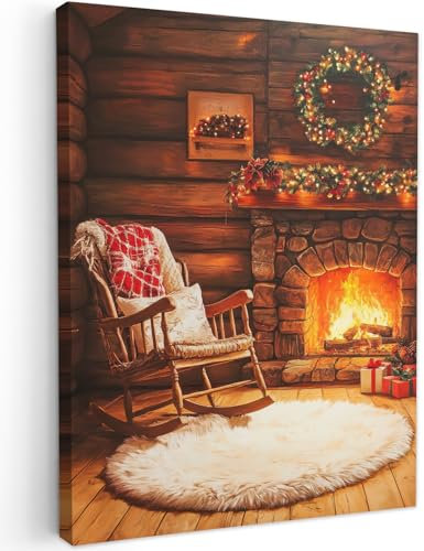 MuchoWow© Weihnachtsdeko Leinwand Bilder 60x80 cm Wanddeko Wohnzimmer Weihnachtsgeschenke Deko Zimmer Wandbilder Modern Bild auf Leinwand Geschenk Winter - Weihnachten - Haus - Kamin