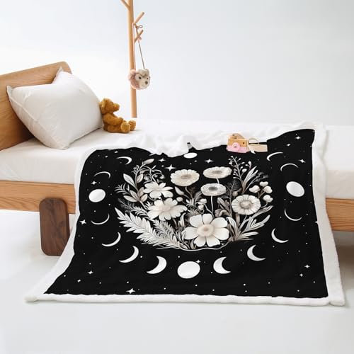 Kuscheldecke Schwarze Weiße Blüten Decke Flanell Lammwolle Kuscheldecke Flauschig Fleecedecke Weich Decken Waschbar Felldecke Pflegeleicht Blanket Langlebig Sofadecke Flauschige 80x150cm