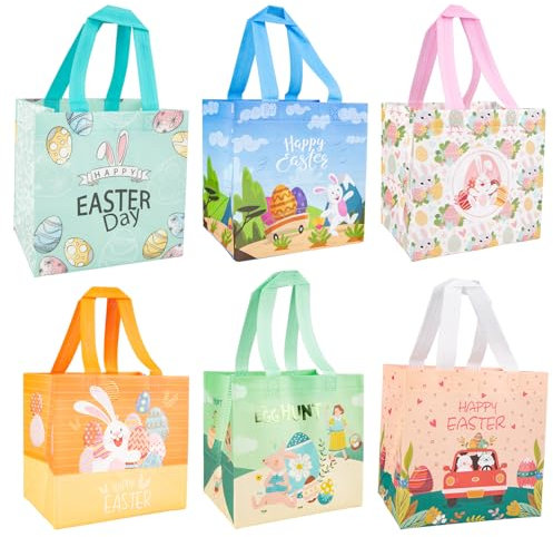 Wzone 6 Stück Ostereiersuche-Taschen, 6 Farbe Ostern Geschenktasche, 21×20×15cm Oster Sackerl mit Griffen, Oster Verpackung zum Befüllen, Non-Woven Ostertaschen zum Verpacken von Ostergeschenken