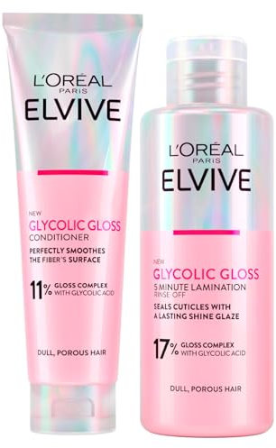 L'Oréal Paris Elvive Glycolic Gloss Acondicionador Pelo con Acido Glicólico 150 ml + Tratamiento de Laminación de 5 Minutos para Cabello Opaco y Poroso 200 ml - 2 Botellas