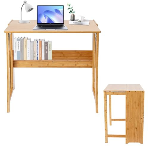 DHQCQL Klappbarer Schreibtisch Klappschreibtisch, Sekretär Schreibtisch mit Regal, Faltbar Computertisch Klein Arbeitstisch Klappbar für Home Office, Platzsparend, 83 * 54 * 76cm (Holzfarbe)