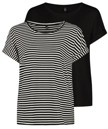 ONLY Tshirt Damen Bluse Top ONLMOSTER 2er Pack Regular Fit Rundhals Basic | Kurzarm Shirt Streifen Braun Blau Rose Grün Schwarz XS S M L XL XXL