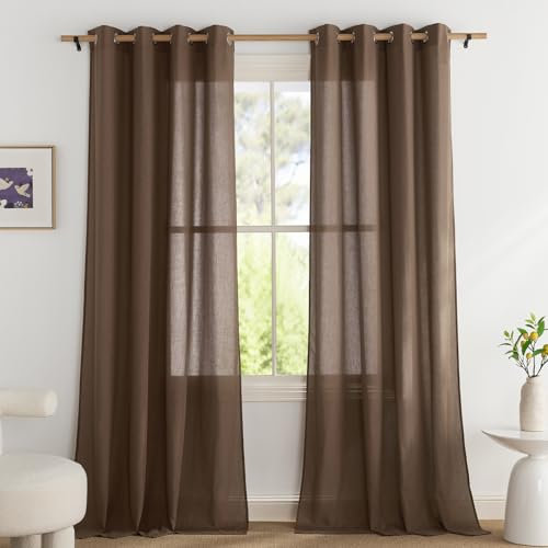 PONY DANCE Leinenvorhang Halbtransparent Wohnzimmer Gardinen mit Ösen Kurz 2er Set H 245 x B 140 cm Leinenoptik Gardinen Boho Style Vorhänge Leinen Curtains for Bedroom, Braun