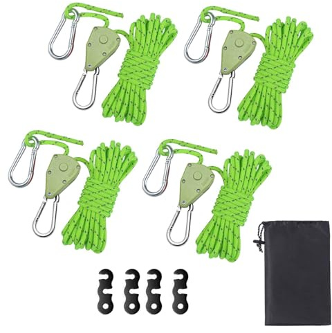 Abspannseile mit Seilspanner,4m Outdoor-Abspanngurte, 4mm Zelt-Spannseile mit S-förmigem Aluminium-Spannregler und Aufbewahrungstasche, Geeignet für Zelte, Markisen, Camping, Backpacking (Grün)